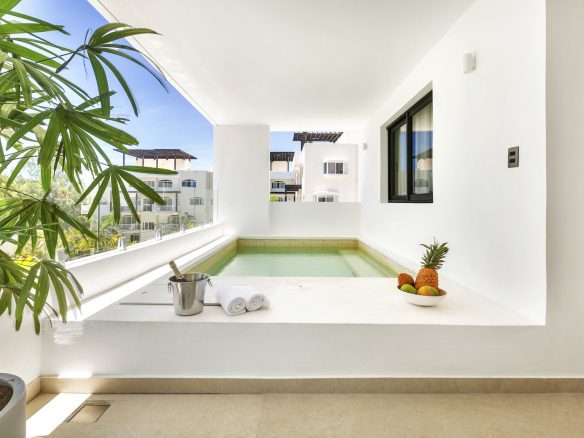 buyDRproperty Luxury resort balcony with plunge pool, fresh fruit, and chilled champagne. Tropical vacation vibes. Sosua Real Estate