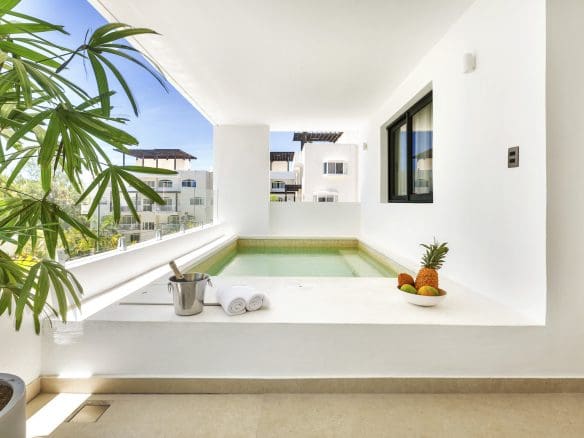 buyDRproperty Luxury resort balcony with plunge pool, fresh fruit, and chilled champagne. Tropical vacation vibes. Sosua Real Estate