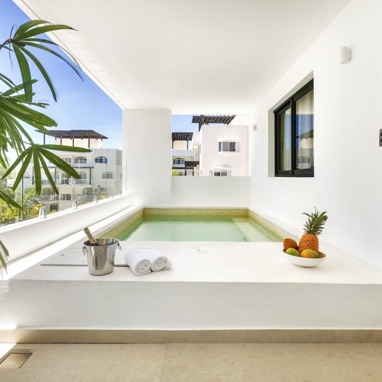 Buydrproperty Luxury Resort Balcony with Plunge Pool Fresh Fruit and Chilled Champagne Tropical Vacation Vibes Sosua Real Estate Buydrpropertycom Buydrpropertycom