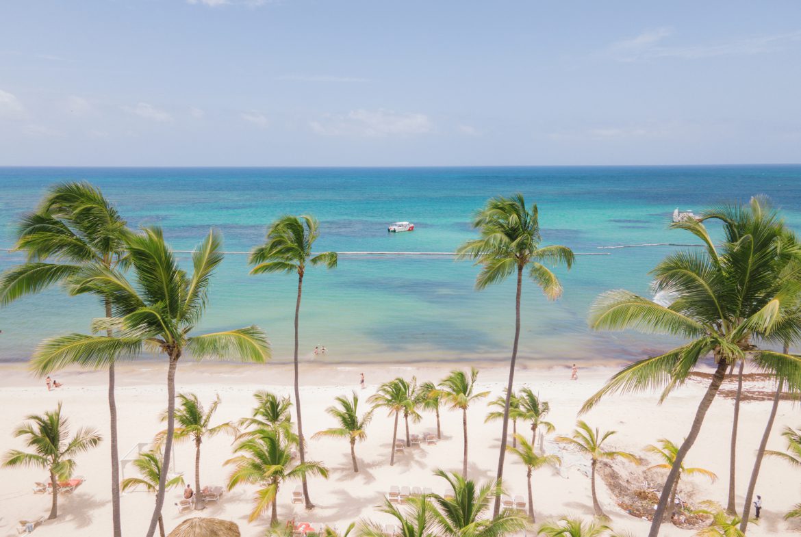 buyDRproperty Tropical beach with palm trees, white sand, turquoise water, and a boat in the distance. Sosua Real Estate