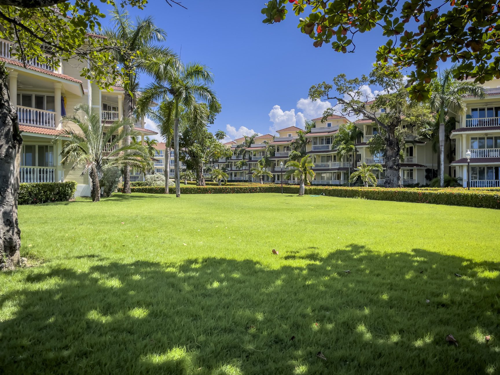 buyDRproperty Lush green lawn with palm trees between resort buildings under a clear blue sky. Sosua Real Estate