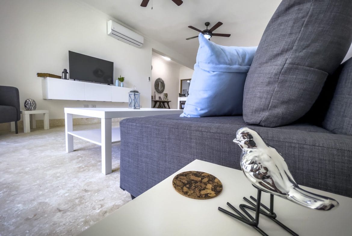buyDRproperty Modern living room with gray sofa, white table, and bird decor. Home decor. Sosua Real Estate