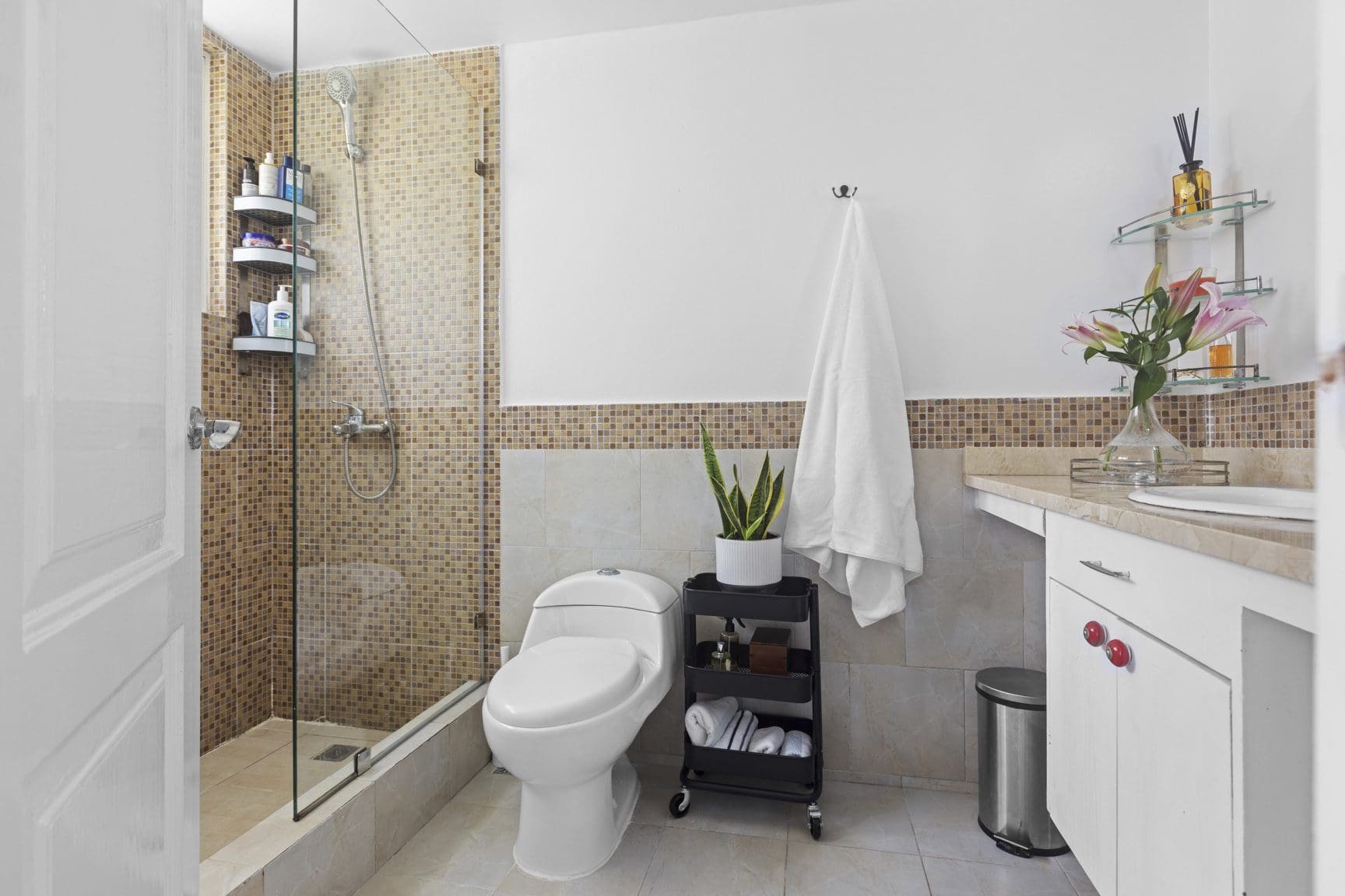 buyDRproperty Bright bathroom with glass shower, toilet, vanity, and rolling cart for storage. Sosua Real Estate