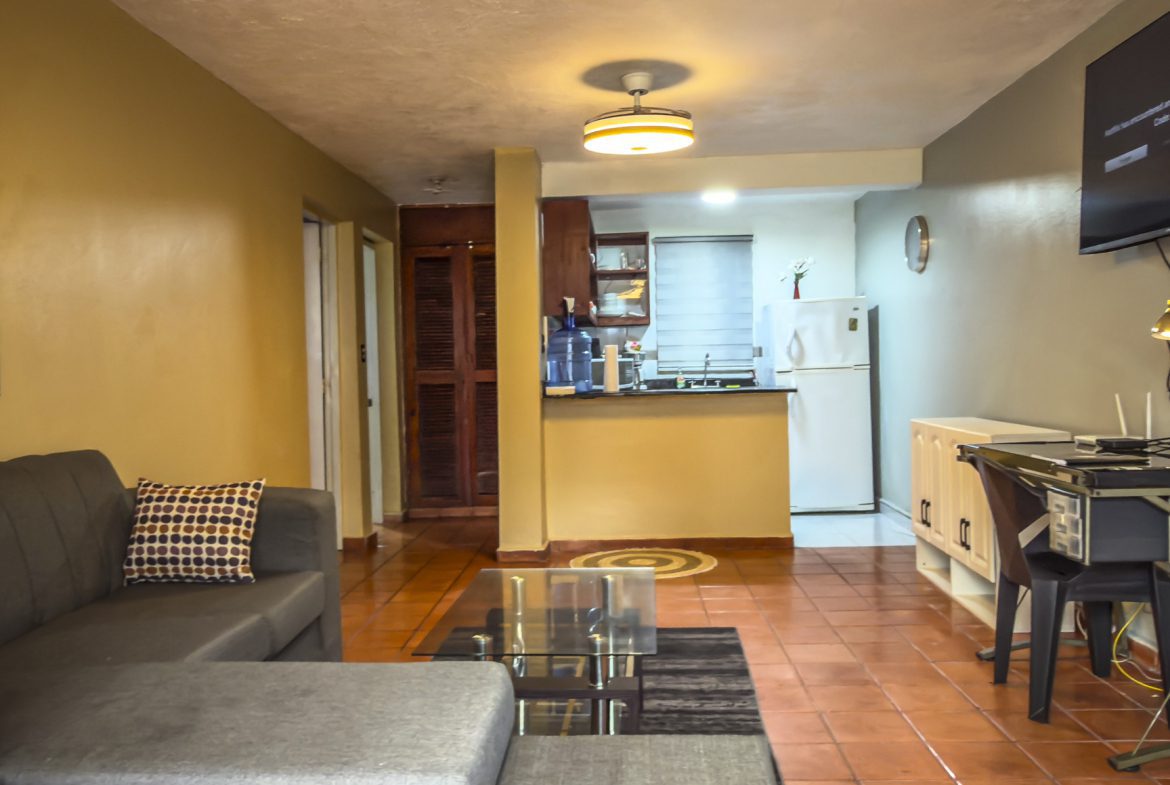 buyDRproperty Cozy apartment interior with a gray sectional sofa, glass coffee table, and a compact kitchen area. Sosua Real Estate