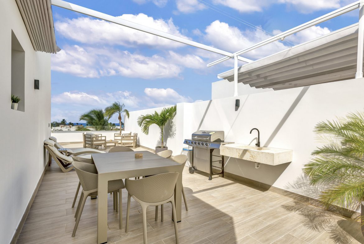 buyDRproperty Outdoor patio with dining table, grill, sink, lounge chairs, palm trees, and a blue sky with clouds. Sosua Real Estate