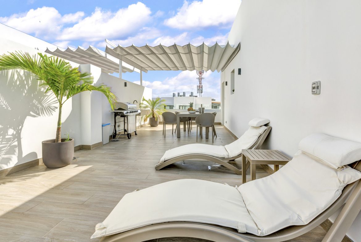 buyDRproperty Luxury rooftop patio with loungers, dining table, grill, and palm tree against a blue sky. Sosua Real Estate