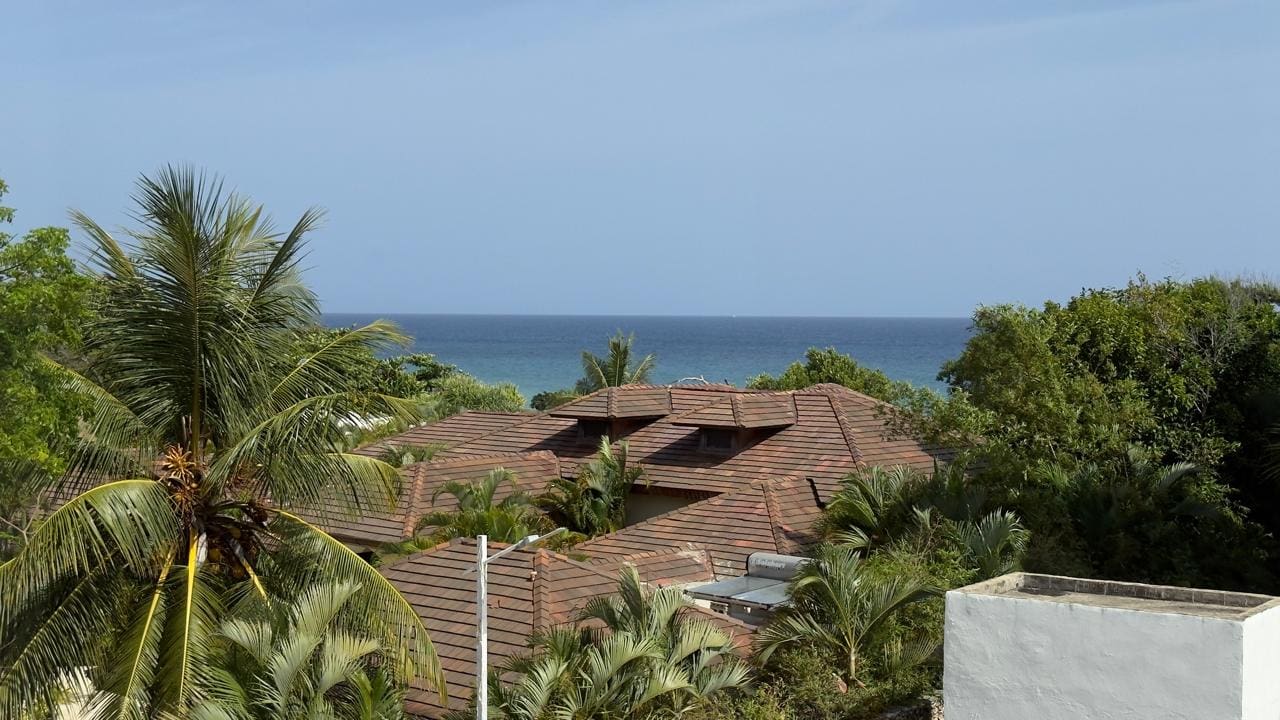 buyDRproperty Tropical rooftops with terracotta tiles and palm trees overlooking the ocean. Sosua Real Estate