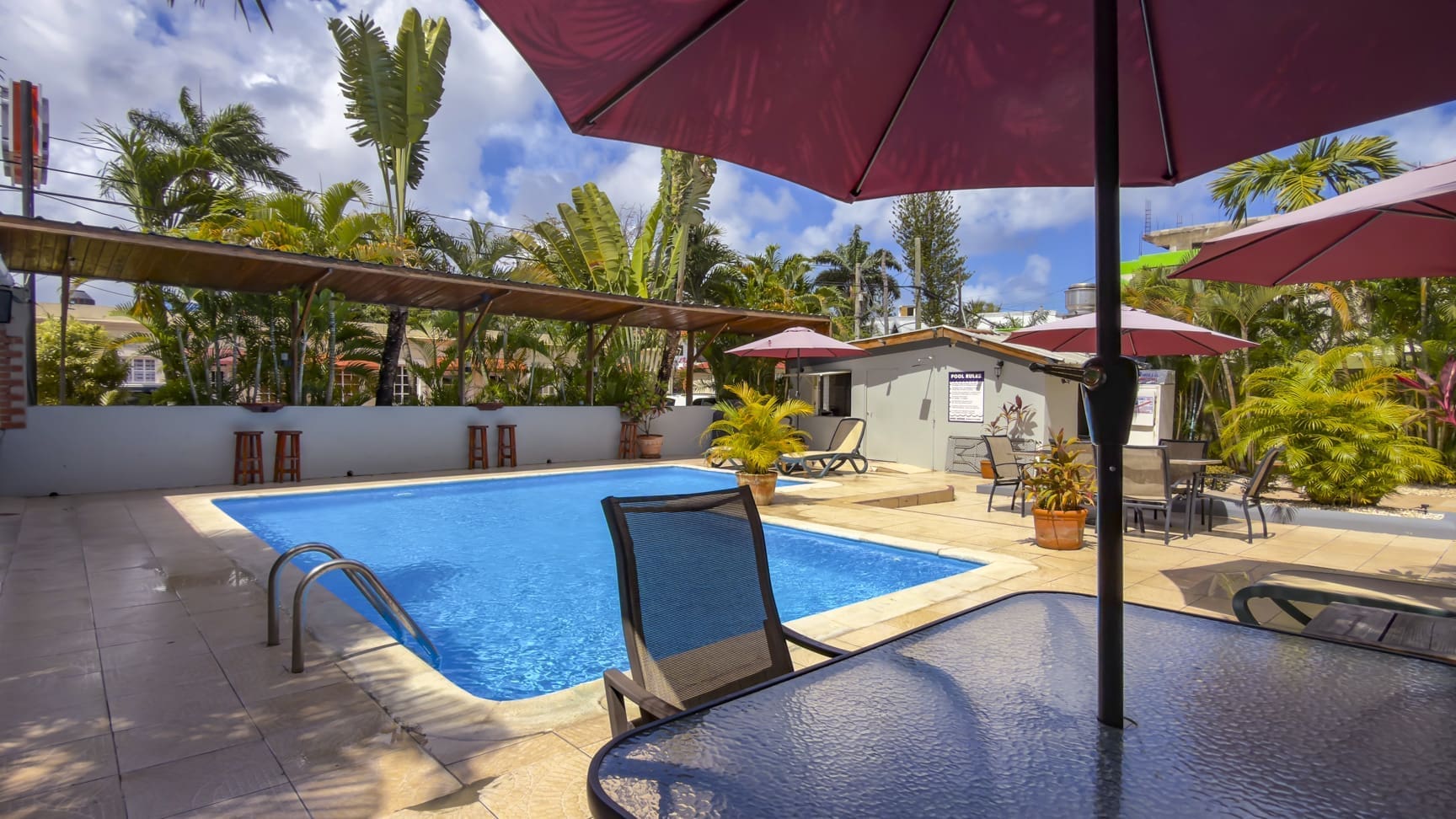 buyDRproperty Bright blue swimming pool with lounge chairs and umbrellas at a tropical resort. Sosua Real Estate