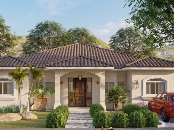 buyDRproperty Mediterranean-style house with tiled roof, palm trees, and red SUV. Sosua Real Estate