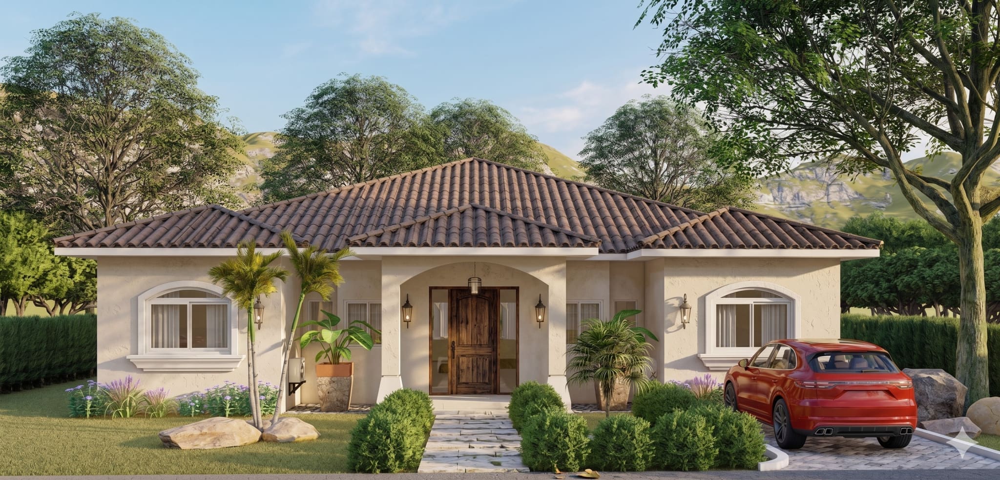 buyDRproperty Mediterranean-style house with tiled roof, palm trees, and red SUV. Sosua Real Estate