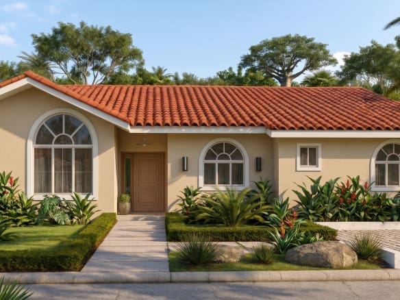 buyDRproperty Spanish-style home with red tile roof, arched windows, and lush tropical landscaping. Sosua Real Estate