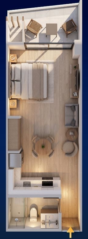 buyDRproperty Modern studio apartment layout: bedroom, living area, kitchen, bathroom. Sosua Real Estate