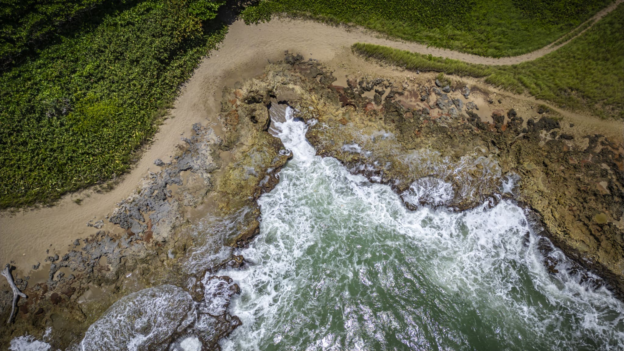 buyDRproperty Aerial view of a rocky coastline with crashing waves and lush green vegetation. Sosua Real Estate