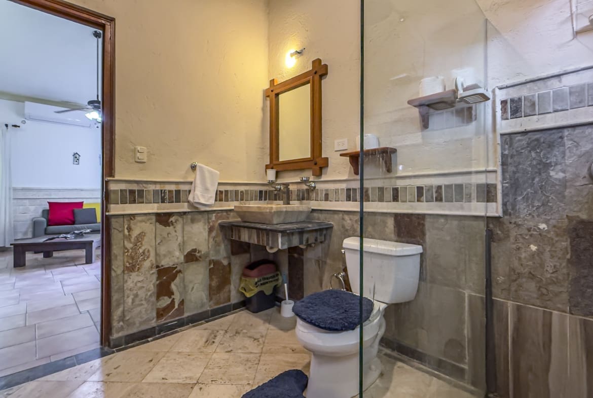 buyDRproperty Rustic bathroom with stone sink, toilet, and glass shower stall Sosua Real Estate
