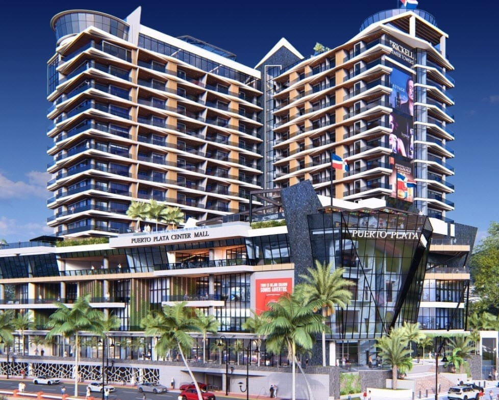 buyDRproperty Puerto Plata Center Mall: Modern architecture with hotels, shops, and palm trees Sosua Real Estate