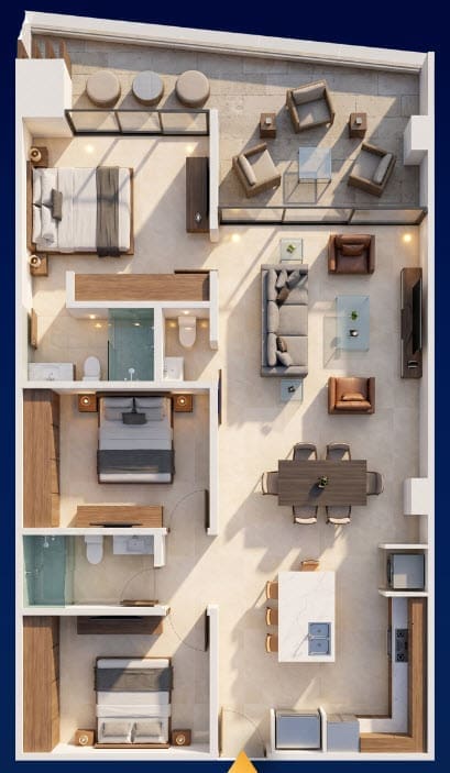 buyDRproperty Modern apartment floor plan with 3 bedrooms, living, dining, and kitchen areas. Sosua Real Estate