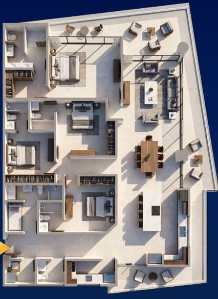 buyDRproperty Aerial view of a modern, spacious luxury condo floor plan with multiple bedrooms and balconies. Sosua Real Estate