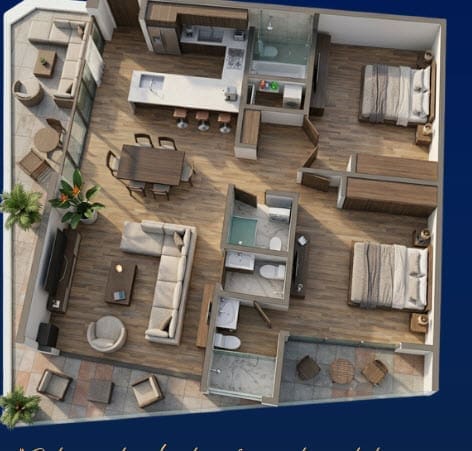 buyDRproperty Luxury condo floor plan with open-concept living, two bedrooms, and balcony. Sosua Real Estate
