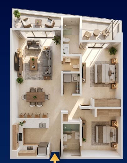 3D top-down floor plan of a modern apartment: open living/dining area, island kitchen, two bedrooms on the right, two baths, laundry, and a balcony.
