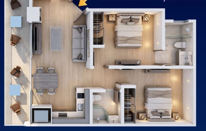 Top-down view of a modern apartment: open living area with sofa and coffee table, six-seat dining area, kitchen, two bedrooms, two bathrooms, and a balcony with seating.