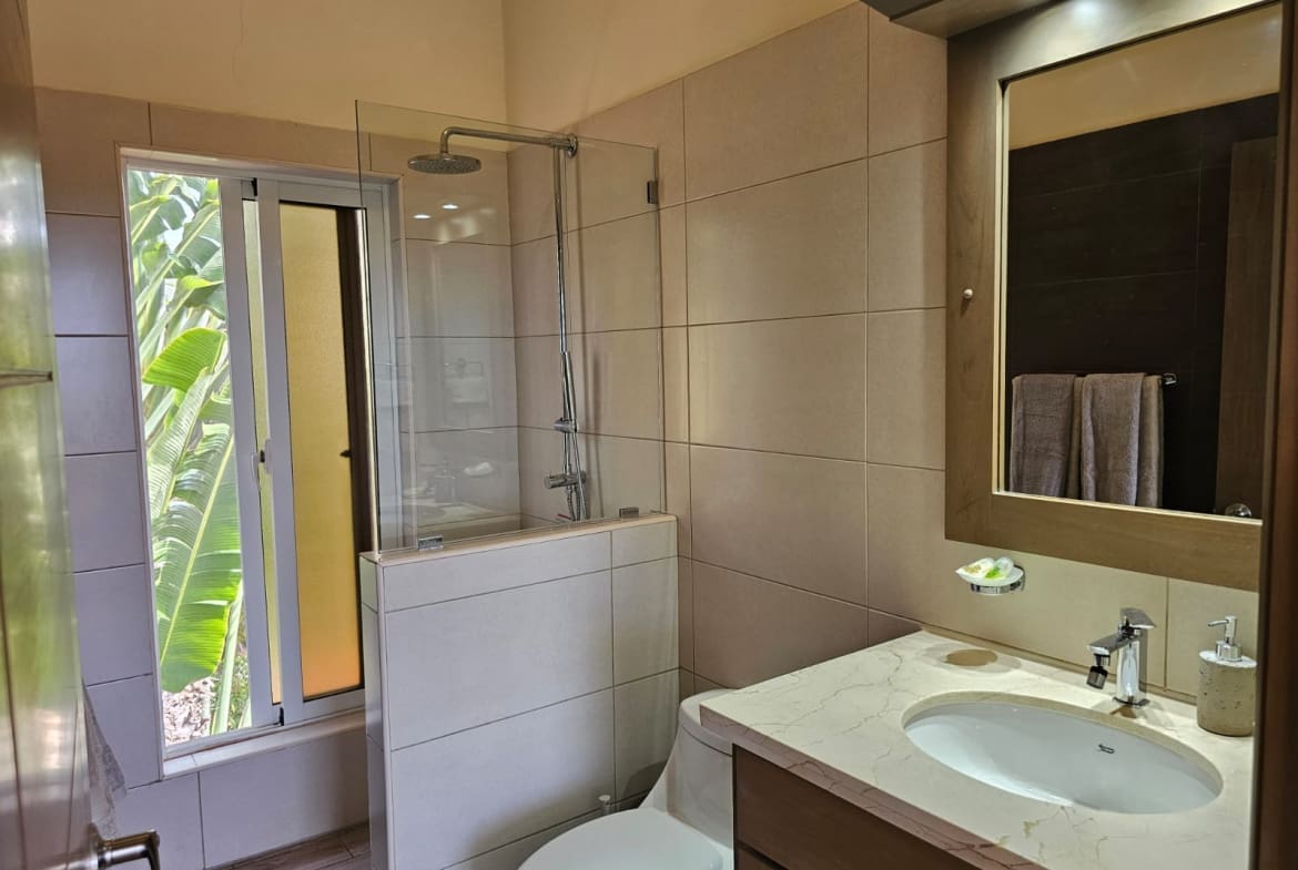 buyDRproperty Modern bathroom with walk-in shower, vanity with marble countertop, and large window with tropical foliage. Sosua Real Estate