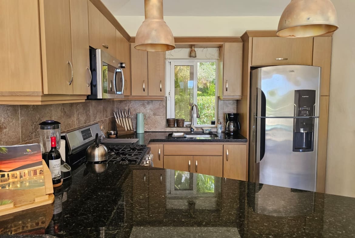 Modern L-shaped kitchen with wooden cabinets, black granite island, and stainless refrigerator under copper pendant lights. A window above the sink looks out to greenery.